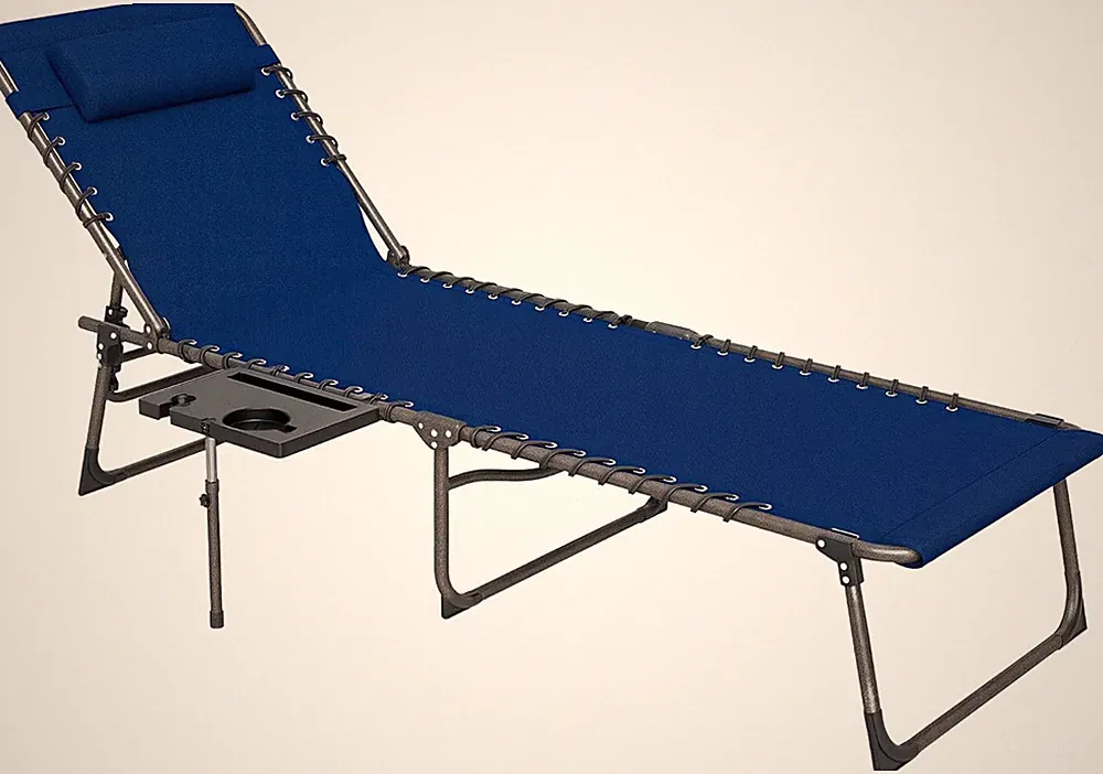 Adjustable Folding Chaise Lounge Chair with Side Table - Dark Blue