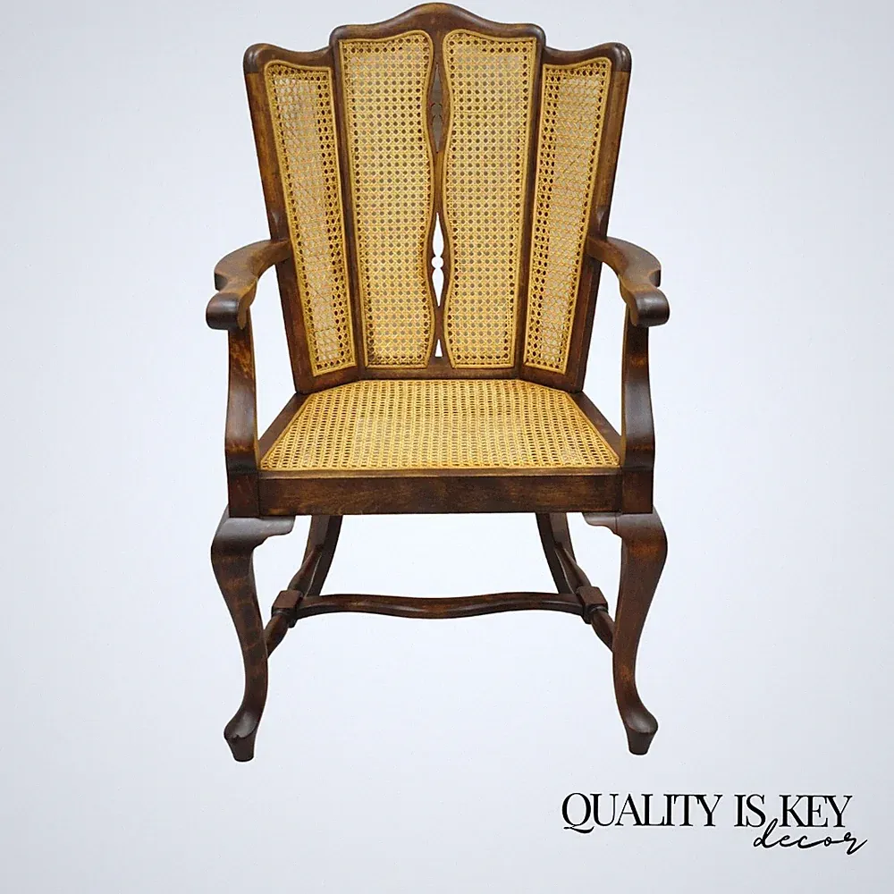 Antique Victorian Walnut and Cane Carved Lounge Arm Chair Queen Anne Legs
