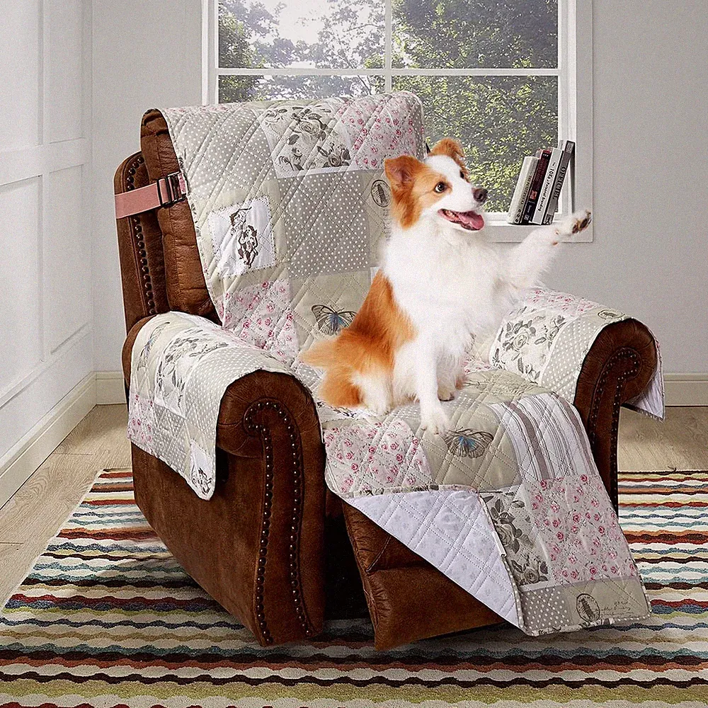 Grey Cupid and Pink Rose Patchwork Quilted Large Recliner Slipcover, 28" Seat...