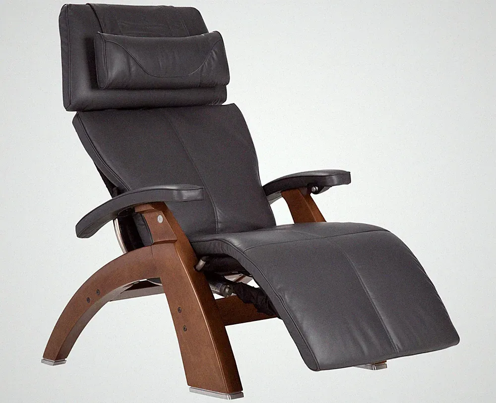 Human Touch PC-600 Silhouette Perfect Chair Recliner Gray Leather Walnut Wood