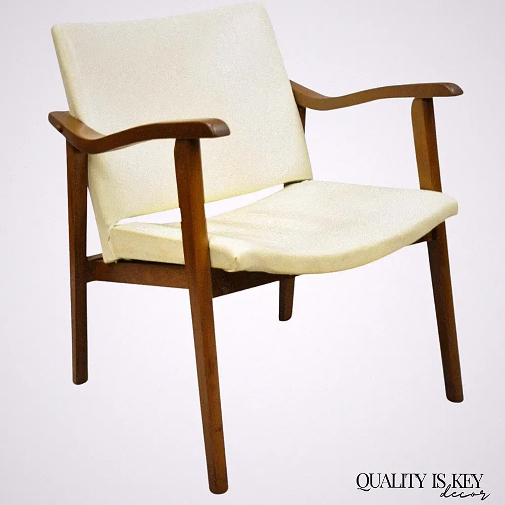 Mid Century Modern Walnut Wood Frame Vinyl Upholstered Lounge Arm Chair