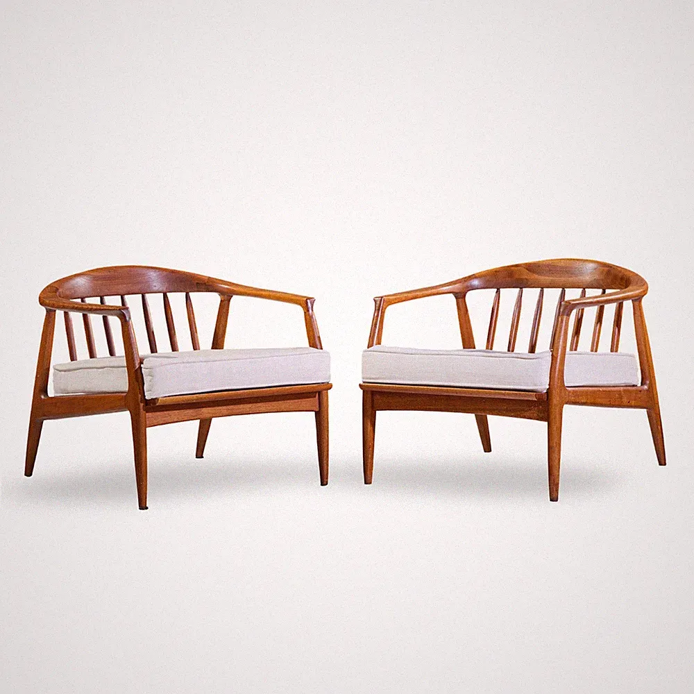 Milo Baughman for Thayer Coggin Mid Century Walnut Horseshoe Lounge Chair - Pair