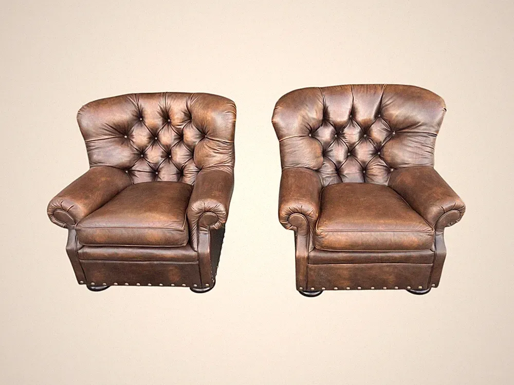 Pair Churchill Style Tufted Leather Lounge Chairs Brown Nailhead Trim Vintage
