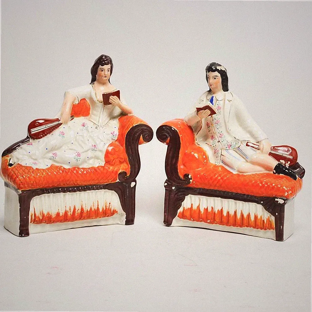 Staffordshire English Ceramic Couple Man Lady Reclining on Sofas Antique Pair 2