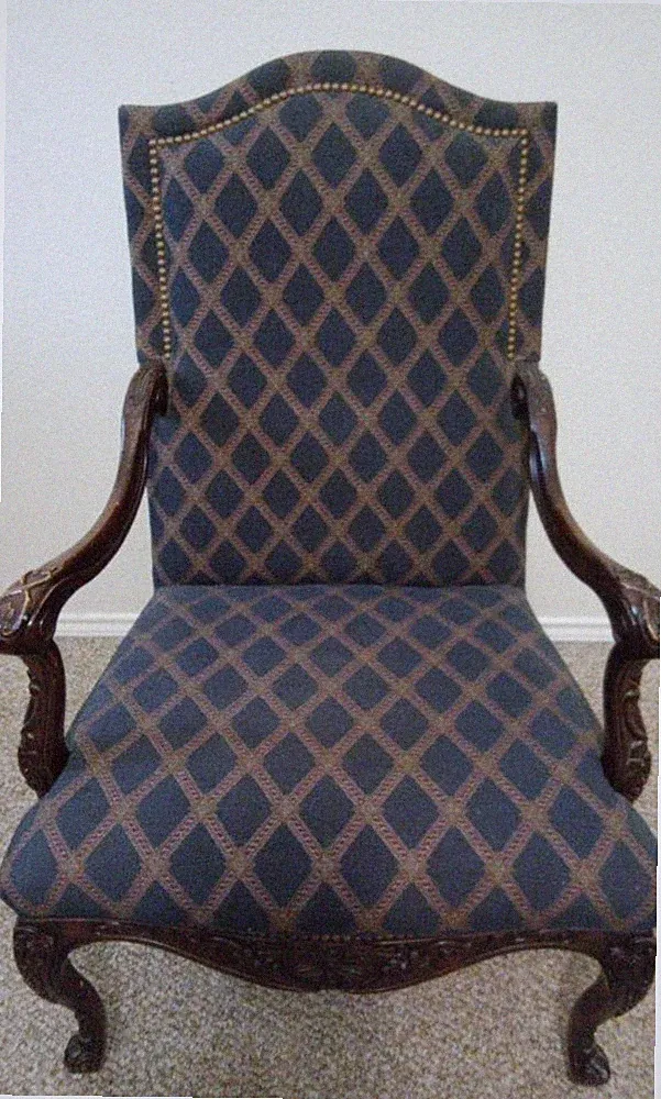 Vintage French Country Louis XV Style Clawfoot High Back Blue Diamond Arm Chair