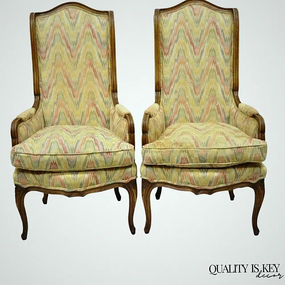 Vintage French Country Provincial High Back Walnut Arm Chairs (B) - a Pair